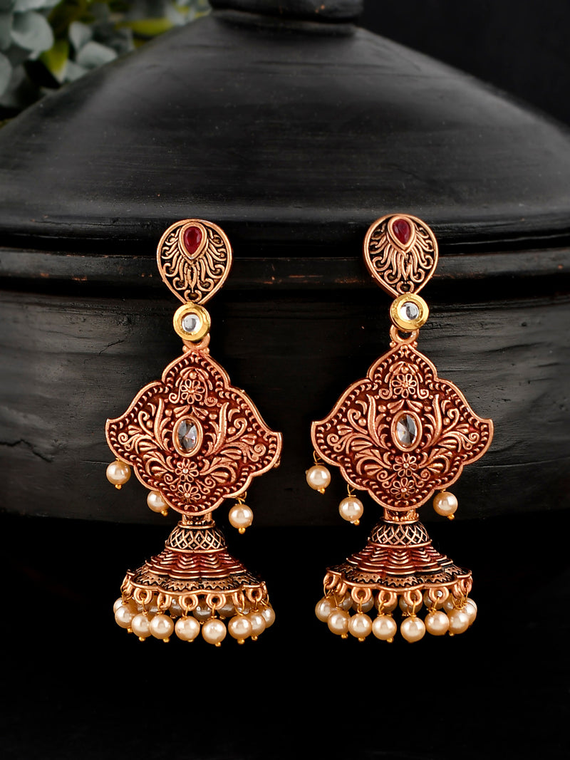 Shoshaa Maroon &amp; Gold-Toned Contemporary Jhumkas Earrings - Distacart