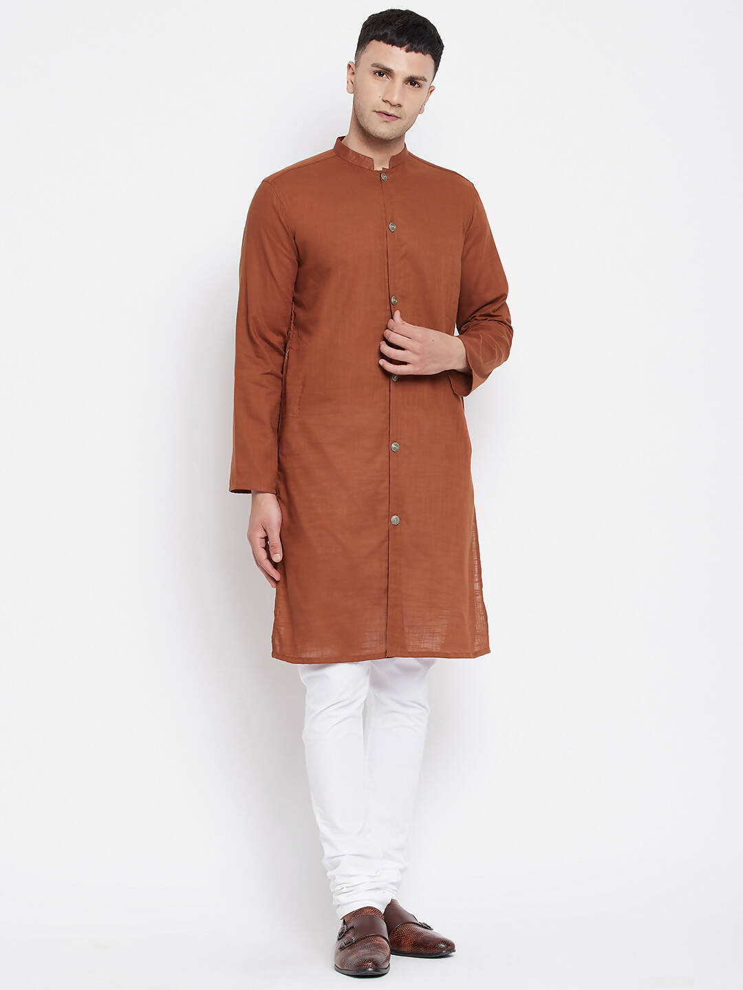 Even Apparels Brown Pure Cotton Men's Sherwani Kurta With Open Front - Distacart
