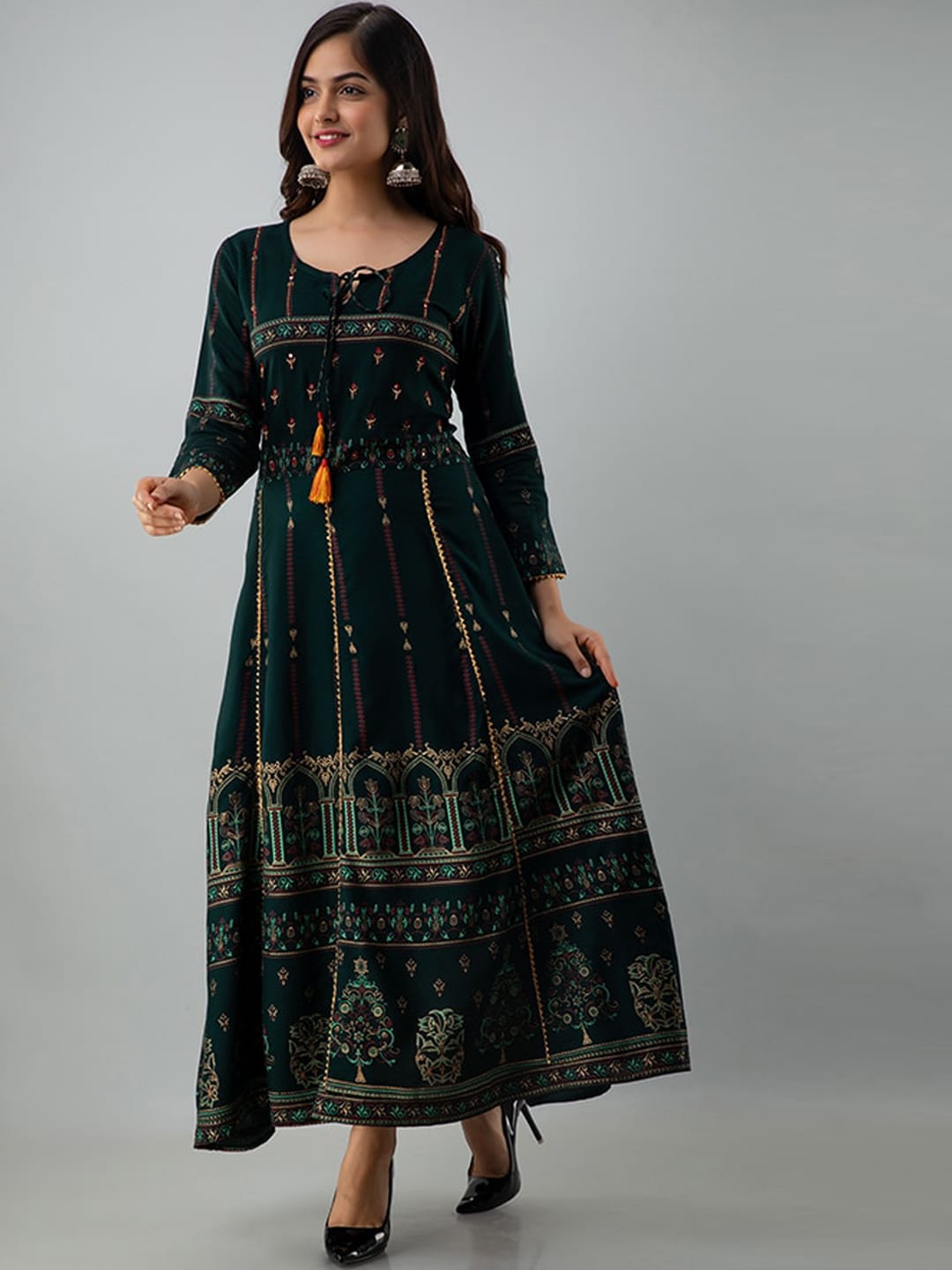 Kalini Women Green & Yellow Ethnic Motifs Printed Thread Work Anarkali Kurta - Distacart