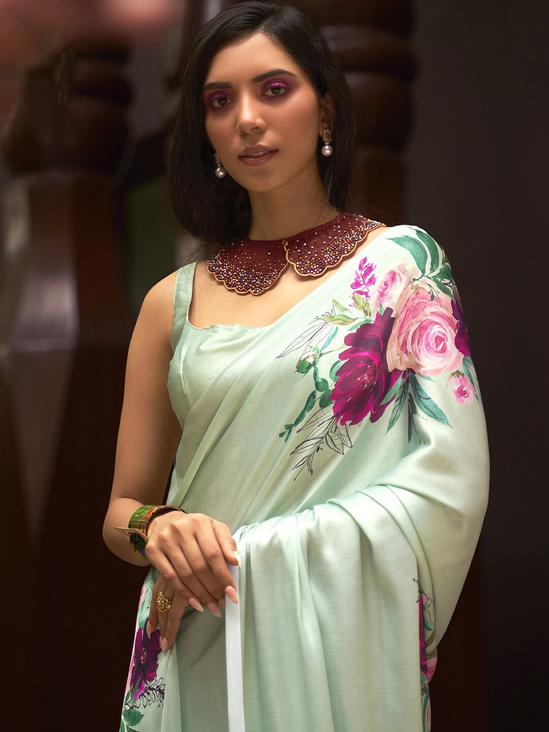 Mitera Green & Pink Floral Saree - Distacart