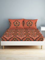 Thumbnail for SPACES Aurum Peach Ethnic Motifs Pure Cotton 140 TC Queen Bedsheet with 2 Pillow Covers - Distacart