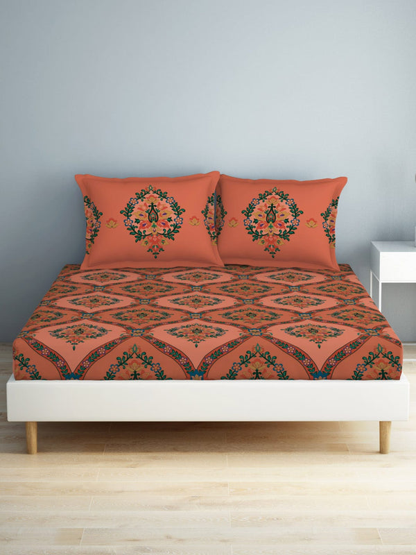 SPACES Aurum Peach Ethnic Motifs Pure Cotton 140 TC Queen Bedsheet with 2 Pillow Covers - Distacart