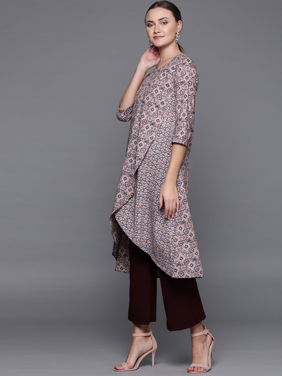 Biba Women Pink & Blue Printed A-Line Layered Kurta - Distacart
