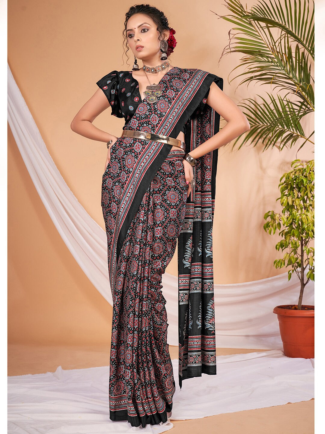 Saree Mall Ajrakh Silk Blend Block Print Sarees - Distacart