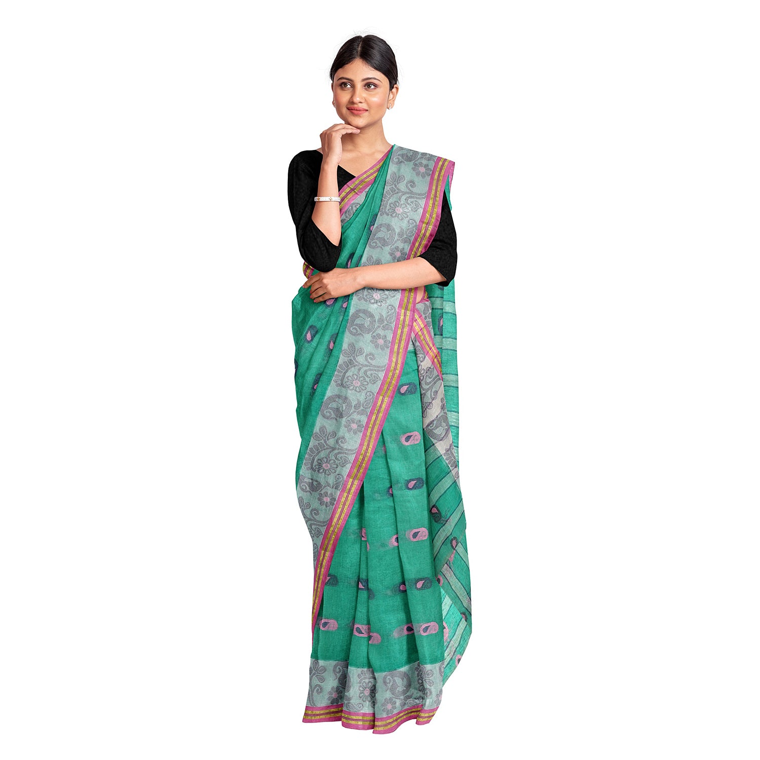 Exclusive Collection 100% Pure Cotton Green Tant Saree With Hand Weaving Work - Distacart