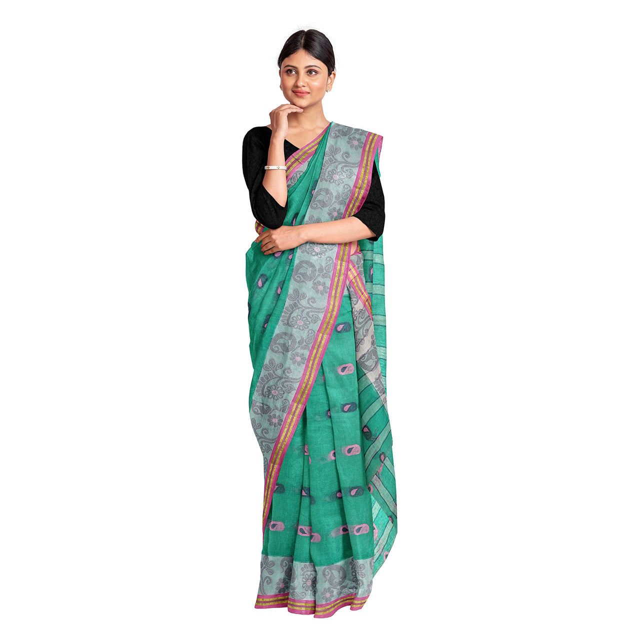 Exclusive Collection 100% Pure Cotton Green Tant Saree With Hand Weaving Work - Distacart
