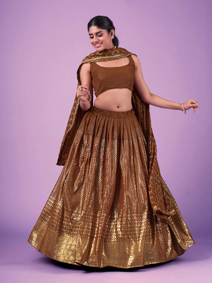 Myra Brown Georgette Embroidered Designer Lehenga - Distacart
