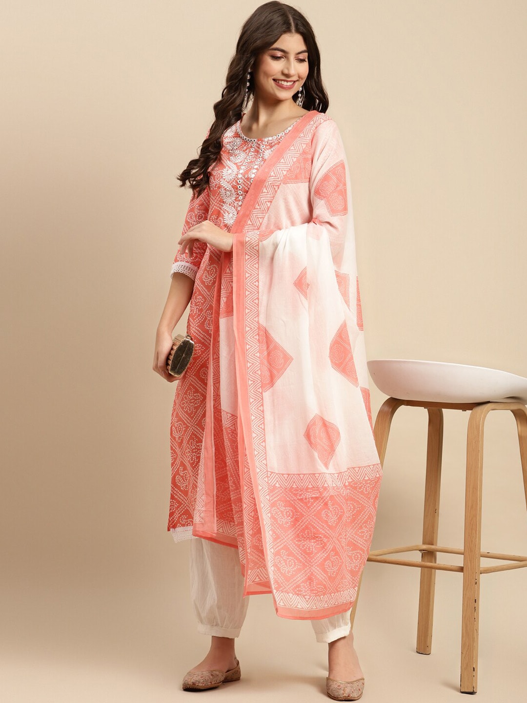 Sangria Orange & White Bandhani Printed Pure Cotton Kurta With Trouser & Dupatta - Distacart