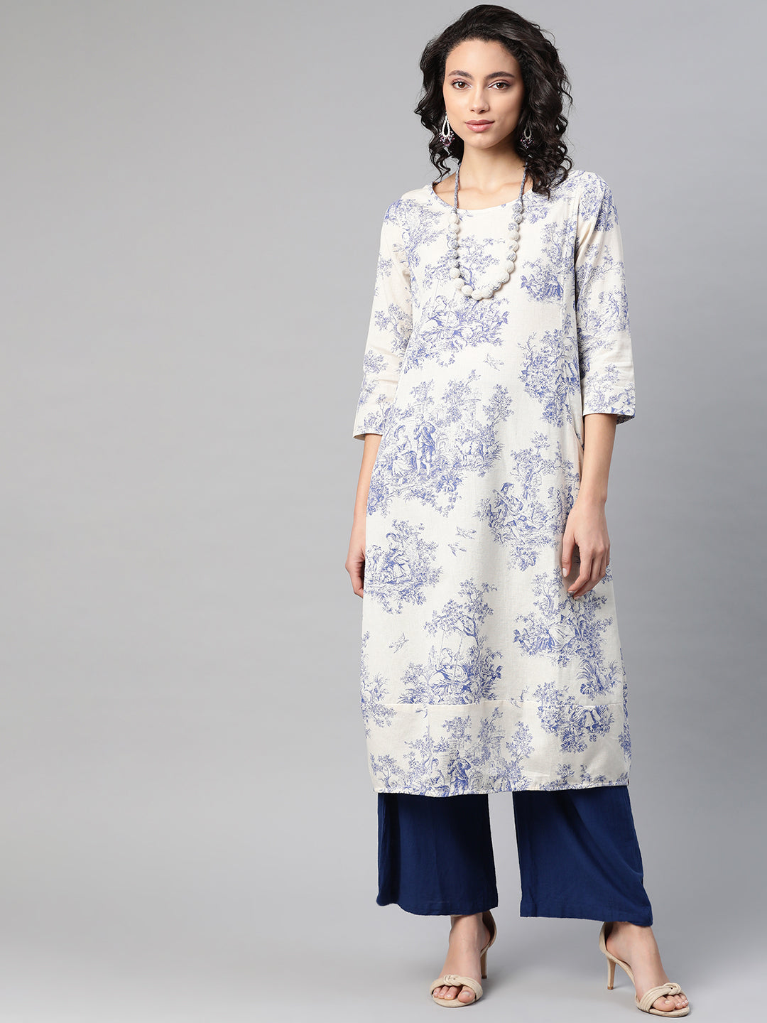 Biba Women Off-White & Blue Printed A-Line Kurta - Distacart