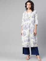 Thumbnail for Biba Women Off-White & Blue Printed A-Line Kurta - Distacart