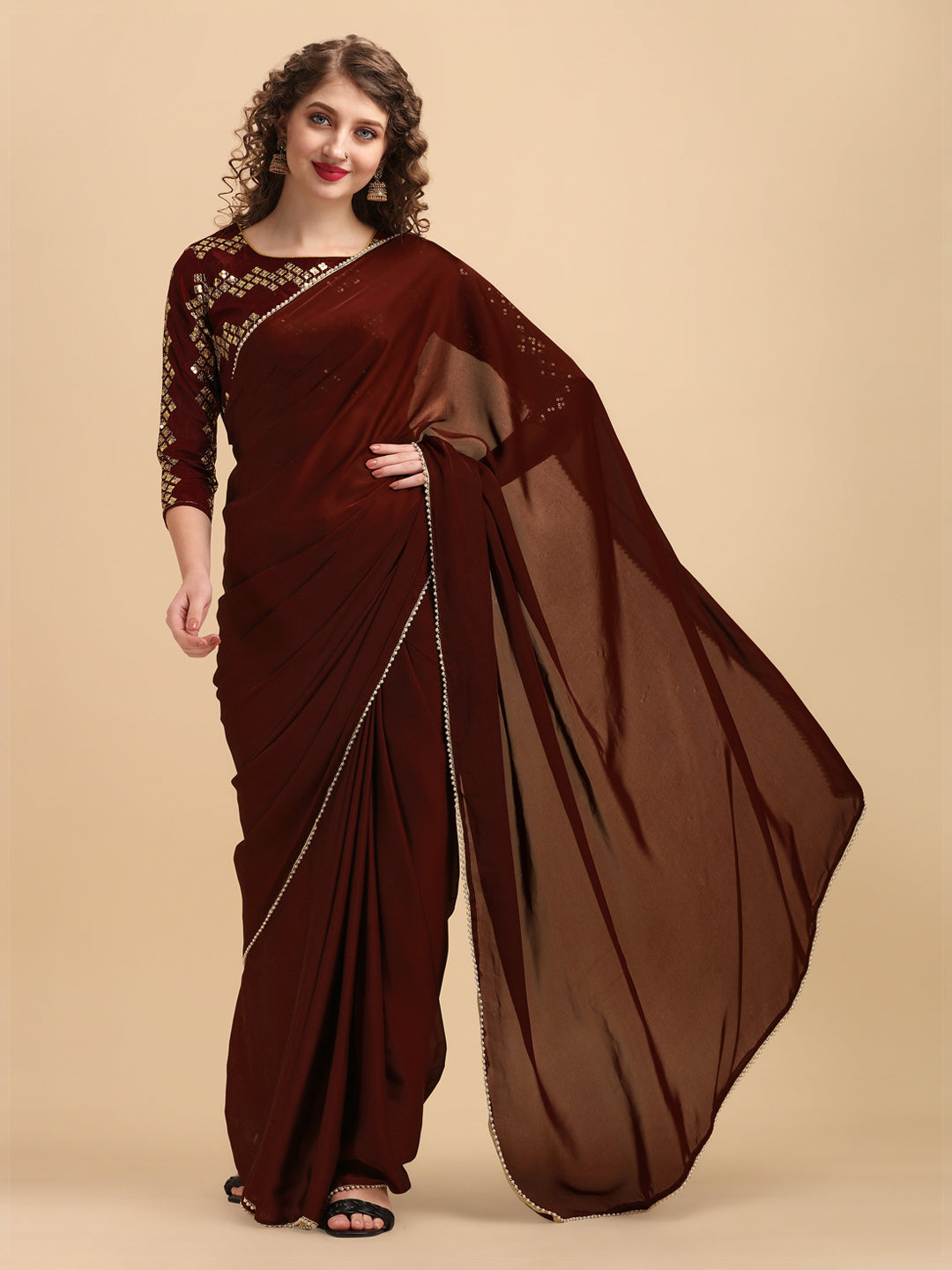 Sangria Coffee Brown & Golden Embroidered Satin Saree - Distacart