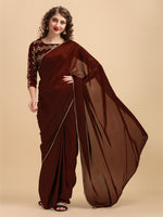 Thumbnail for Sangria Coffee Brown & Golden Embroidered Satin Saree - Distacart