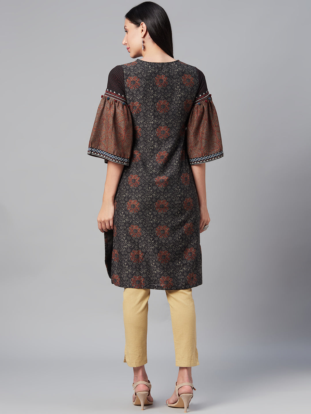 Biba Women Charcoal Grey & Beige Bell Sleeves Printed Kurta - Distacart
