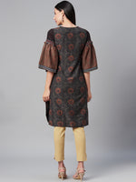 Thumbnail for Biba Women Charcoal Grey & Beige Bell Sleeves Printed Kurta - Distacart