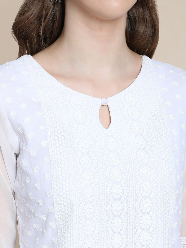 Kalini Women White Ethnic Motifs Embroidered Georgette Kurta - Distacart