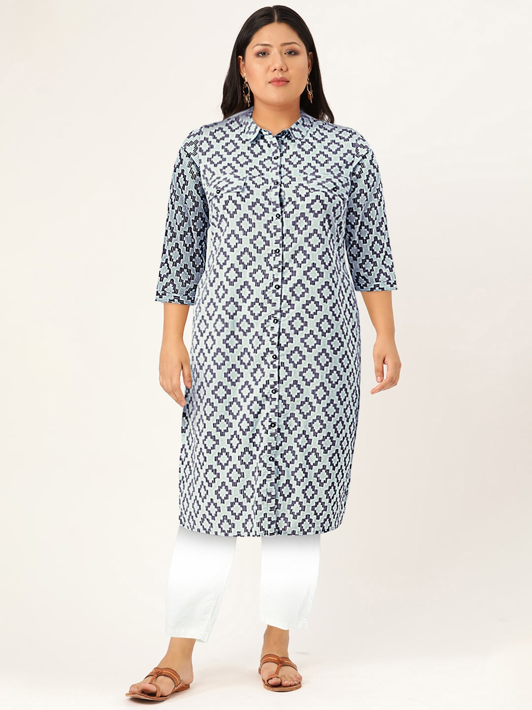Sangria Women Navy Blue & Grey Pure Cotton Geometric Printed Kurta - Distacart