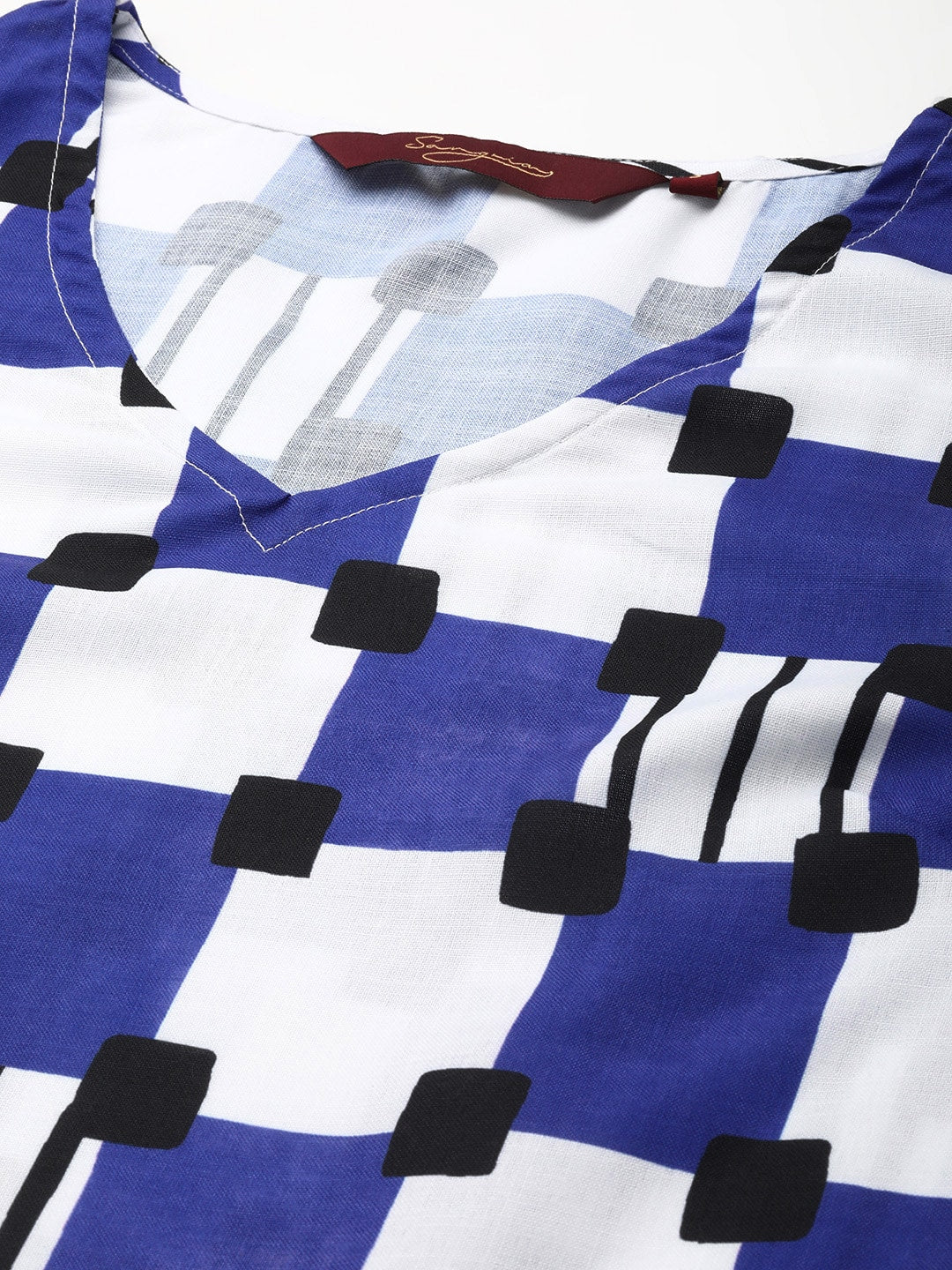 Sangria Women Navy Blue & White Printed A-Line Kurta with Trousers - Distacart