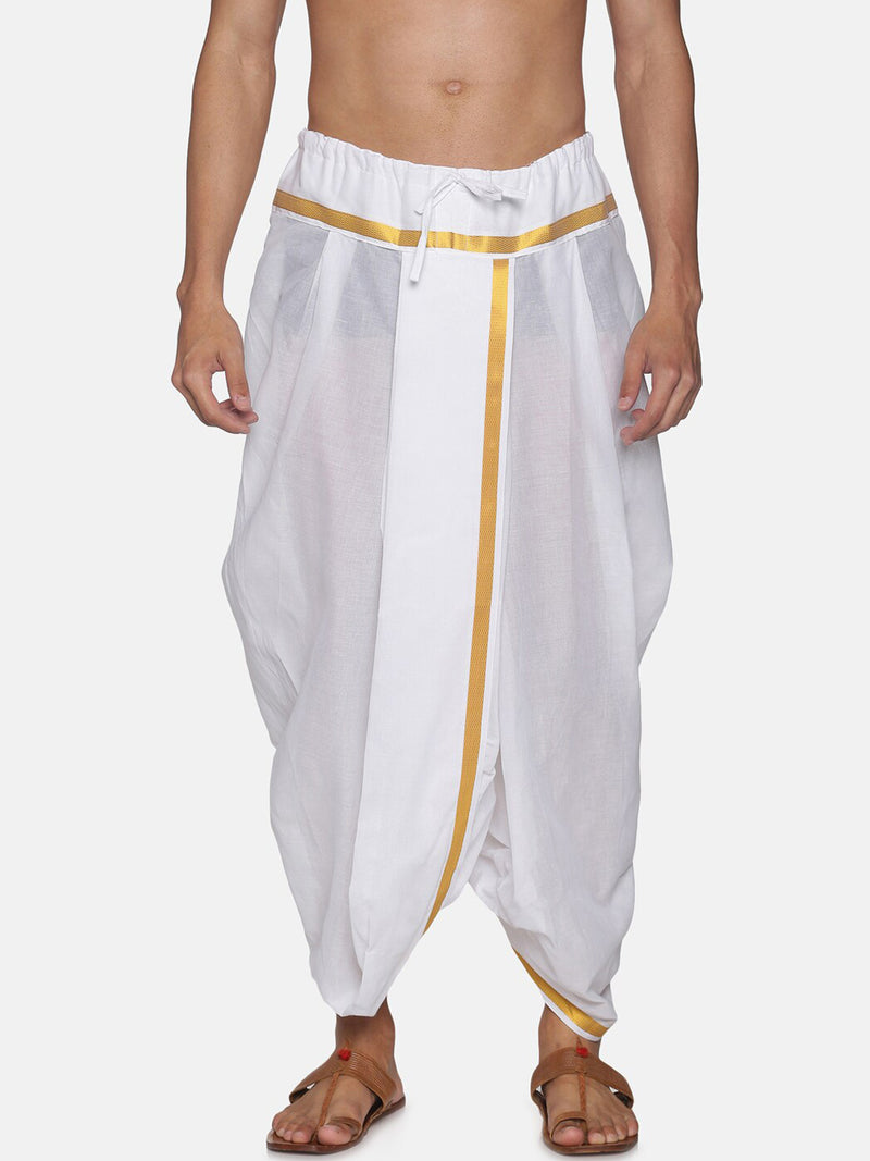 Sethukrishna Men White &amp; Gold-Coloured Solid Readymade Cotton Dhoti Pant - Distacart