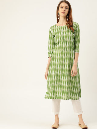 Sangria Women Green & White Printed Kurta with Trousers - Distacart