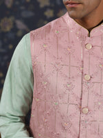 Thumbnail for House of Pataudi Mandarin Collar Straight Kurta With Churidar & Embroidered Nehru Jacket - Distacart