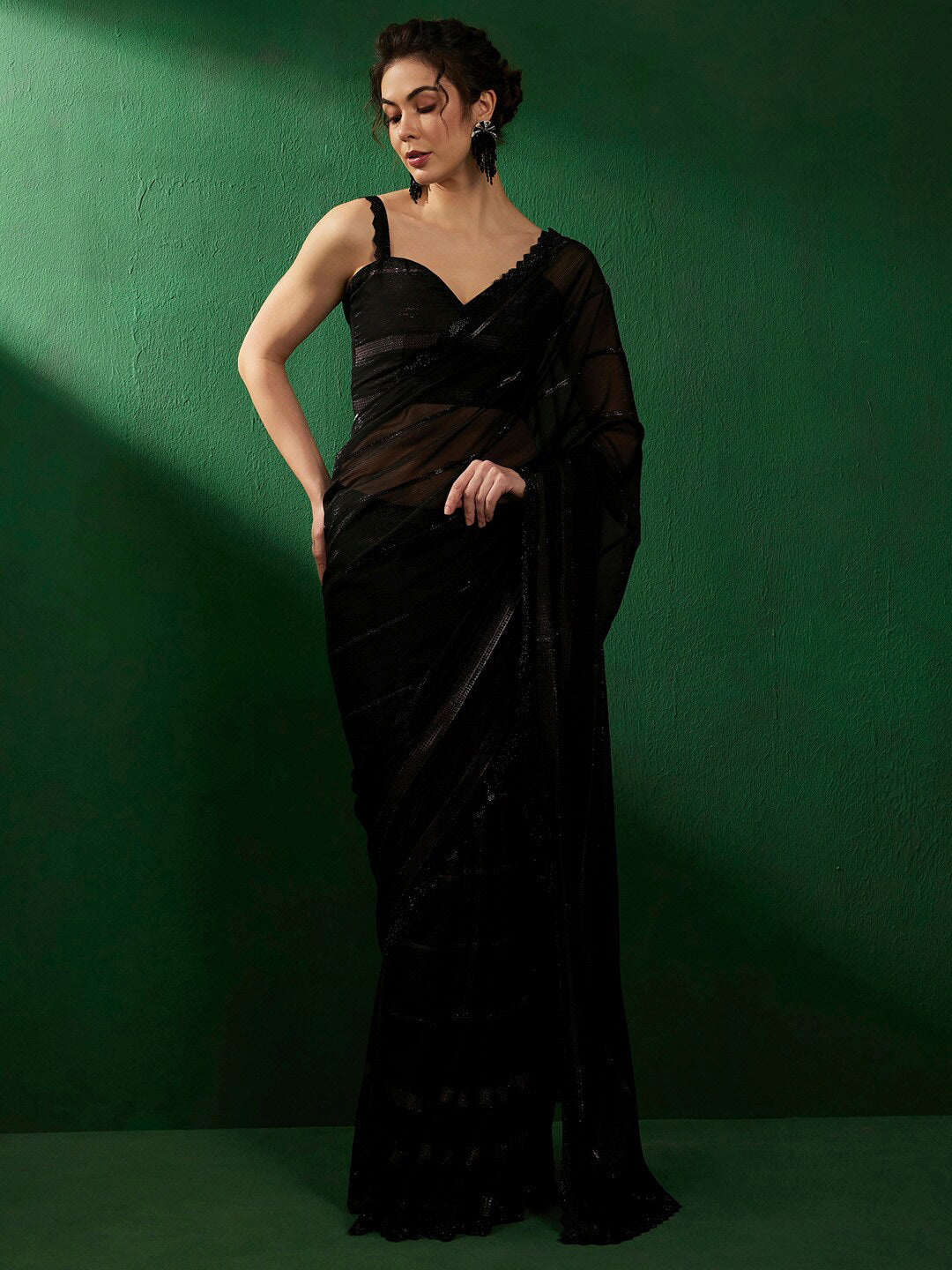 Sangria Embellished Beads & Stones Pure Georgette Saree - Distacart