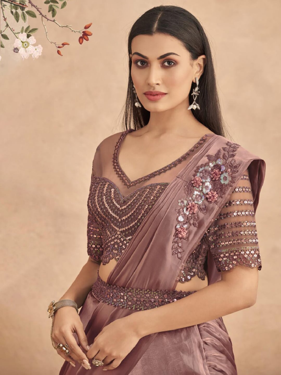Mitera Floral Embroidered Sequinned Satin Celebrity Saree - Distacart
