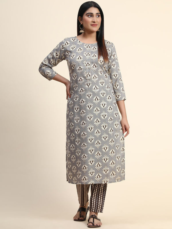 Kalini Floral Printed Round Neck Kurta with Trousers - Distacart