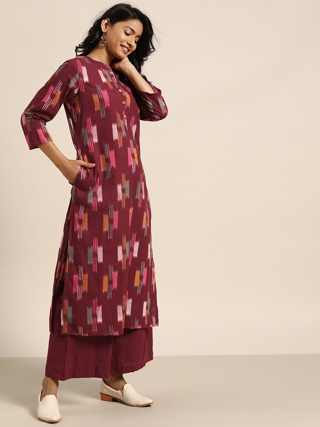 Sangria Women Burgundy & Mustard Yellow Abstract Print Cotton Kurta with Trousers - Distacart