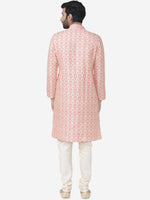 Thumbnail for Manyavar Men Pink & Off-White Self Design Kurta with Churidar - Distacart