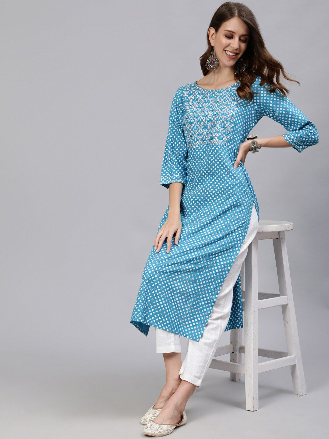 Jaipur Kurti Blue & White Floral Printed Women Kurta - Distacart