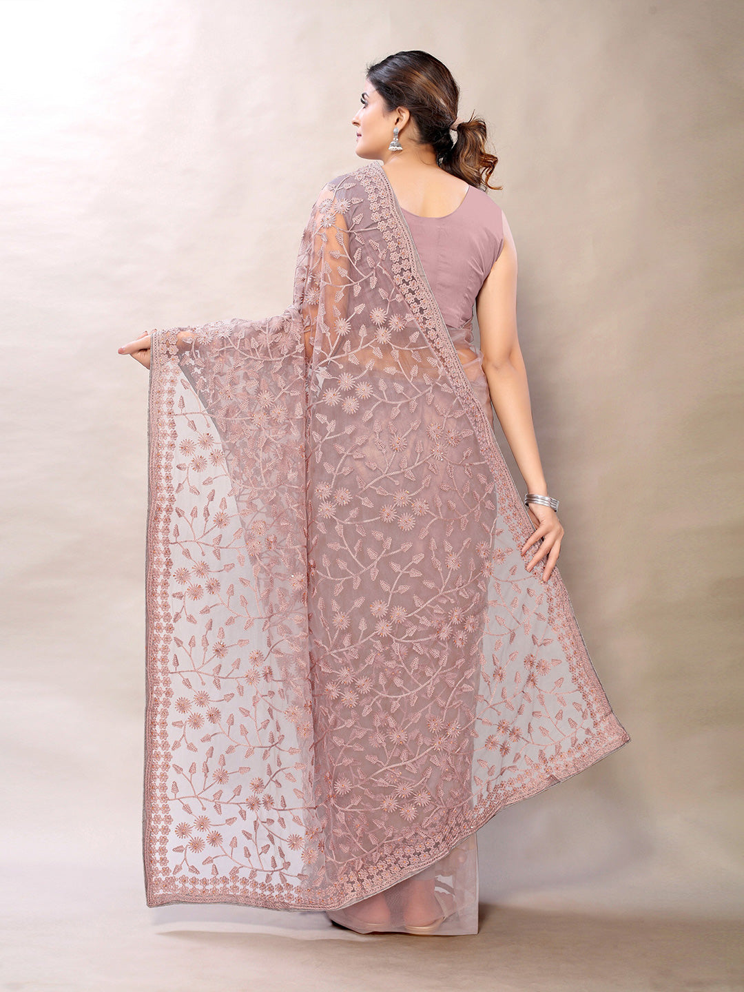 Sangria Pink Floral Net Embroidered Heavy Work Saree - Distacart