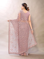 Thumbnail for Sangria Pink Floral Net Embroidered Heavy Work Saree - Distacart