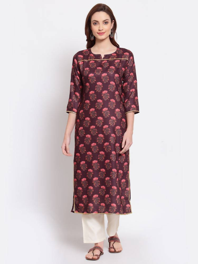 Myshka Women's Wine Printed Pashmeena 3/4 Sleeve Round Neck Casual Winter Kurta