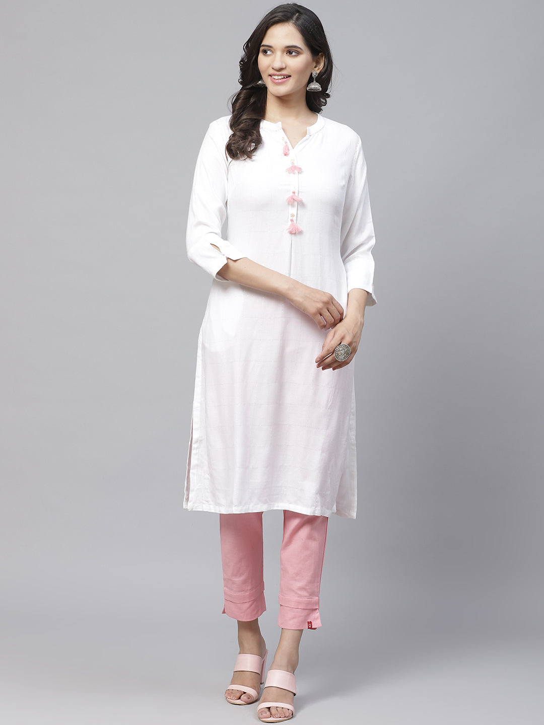 Biba Women White & Silver Self-Checked Straight Kurta - Distacart