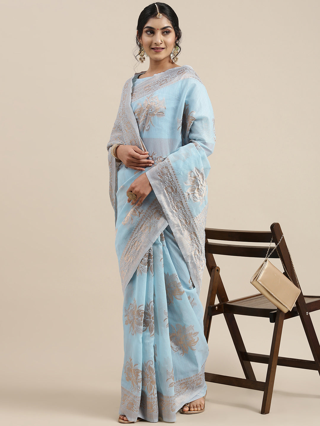 Saree Mall Turquoise Blue Floral Linen Blend Banarasi Saree - Distacart