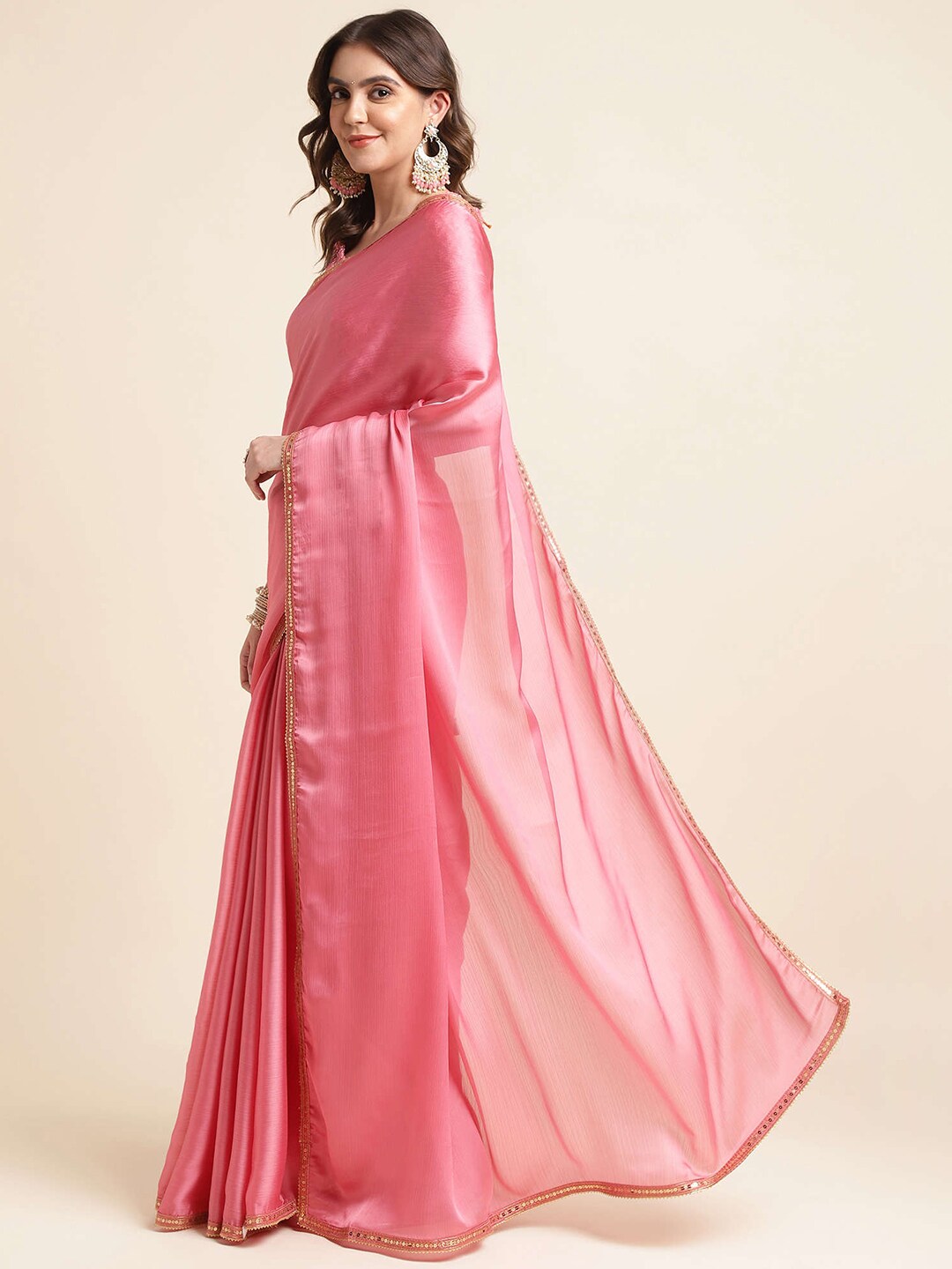 Mitera Pink Embellished Border Satin Chiffon Saree - Distacart
