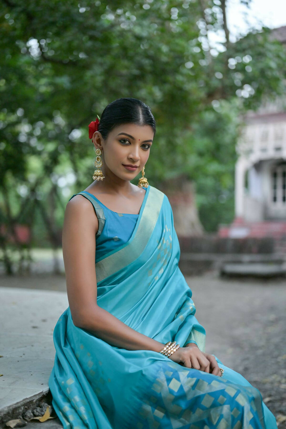 Vishnu Weaves Women's Firozi Soft Silk Zari Woven Saree with Blouse - Distacart