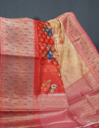 Thumbnail for Shades of Red Colour Floral Design Banaras Semi Silk Saree By Gayathri Reddy Designer Studio - Distacart
