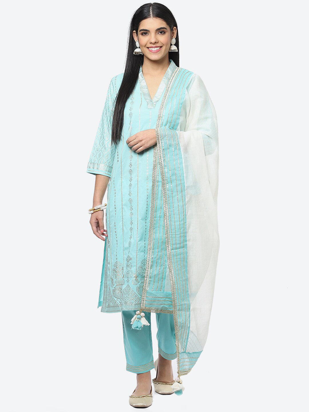 Biba Ethnic Motifs Printed Sequinned Cotton Blend Kurta with Trousers & With Dupatta - Distacart
