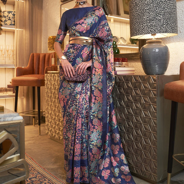 Mitera Navy Blue & Pink Floral Zari Silk Blend Banarasi Saree - Distacart