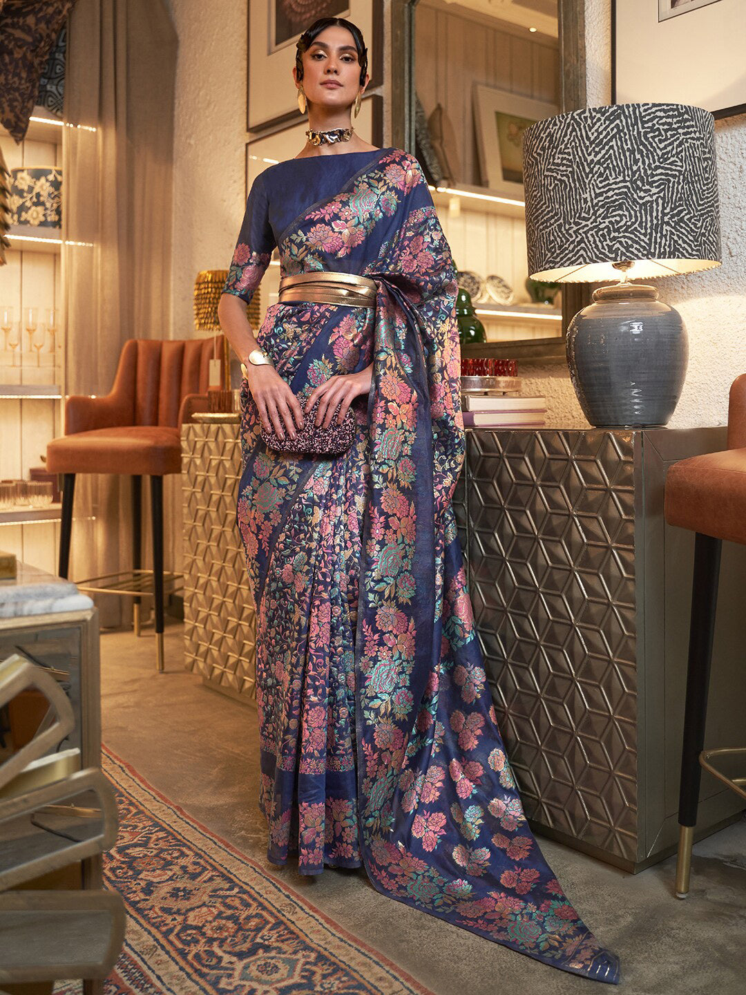 Mitera Navy Blue & Pink Floral Zari Silk Blend Banarasi Saree - Distacart
