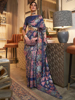 Thumbnail for Mitera Navy Blue & Pink Floral Zari Silk Blend Banarasi Saree - Distacart