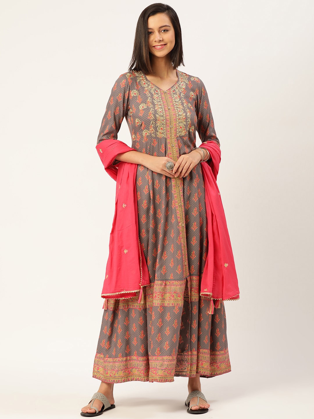 HERE&NOW Women Grey Ethnic Motifs Printed Kurta Set - Distacart