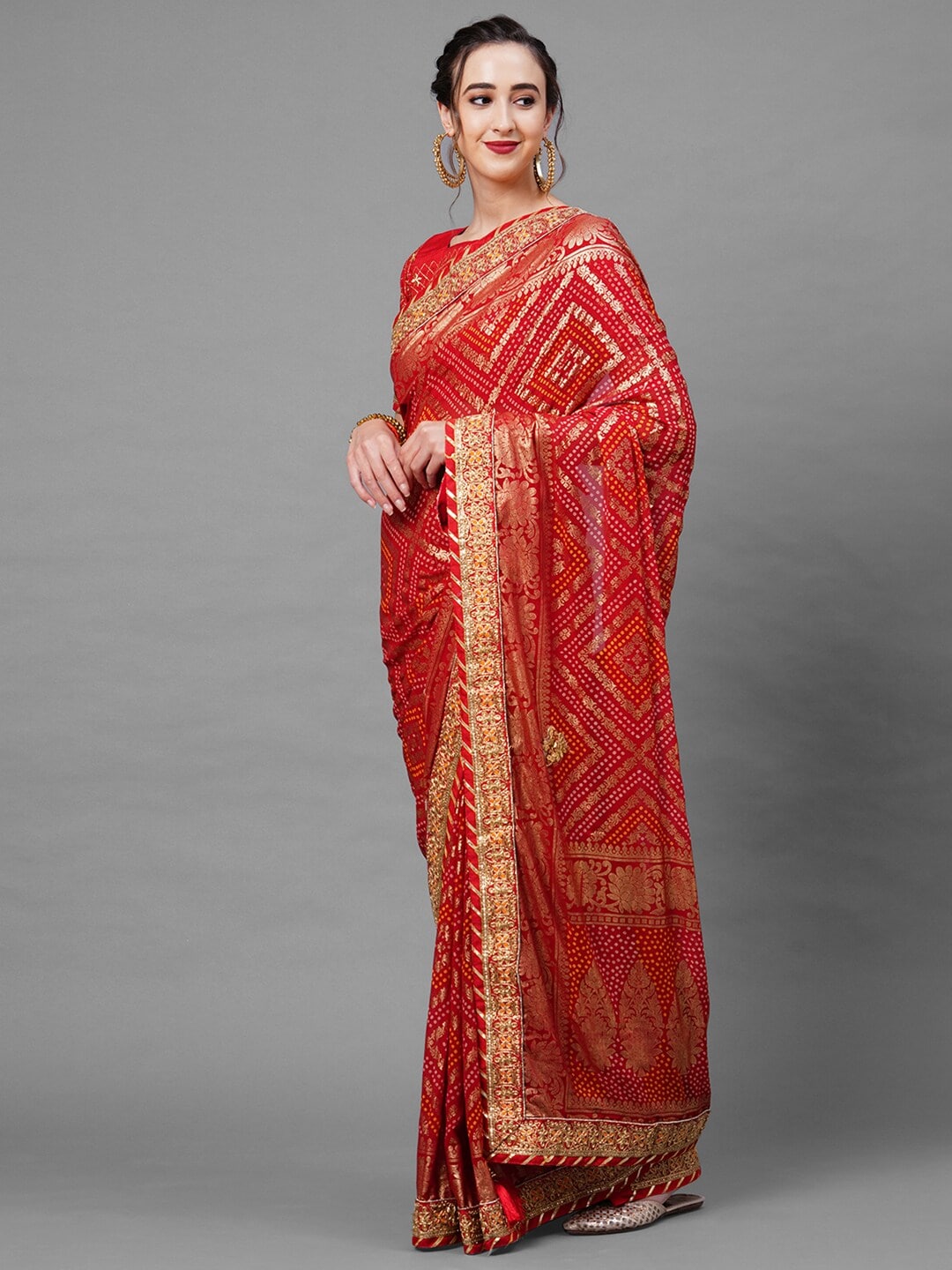 Mitera Red & Gold-Toned Woven Design Bandhani Saree - Distacart