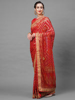 Thumbnail for Mitera Red & Gold-Toned Woven Design Bandhani Saree - Distacart