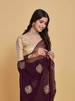 Thumbnail for Sangria Coffee Brown Ethnic Motifs Embroidered Zari Pure Georgette Saree - Distacart
