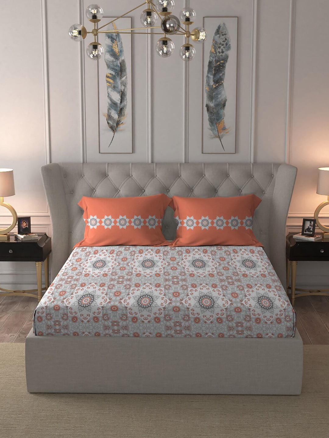 MYTRIDENT Grey White Floral Pure Cotton 144 TC Queen Bedsheet With 2 Pillow Covers - Distacart