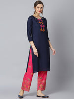 Thumbnail for Khushal K Women Navy Blue & Red Yoke Design Viscose Rayon Kurta with Palazzos - Distacart