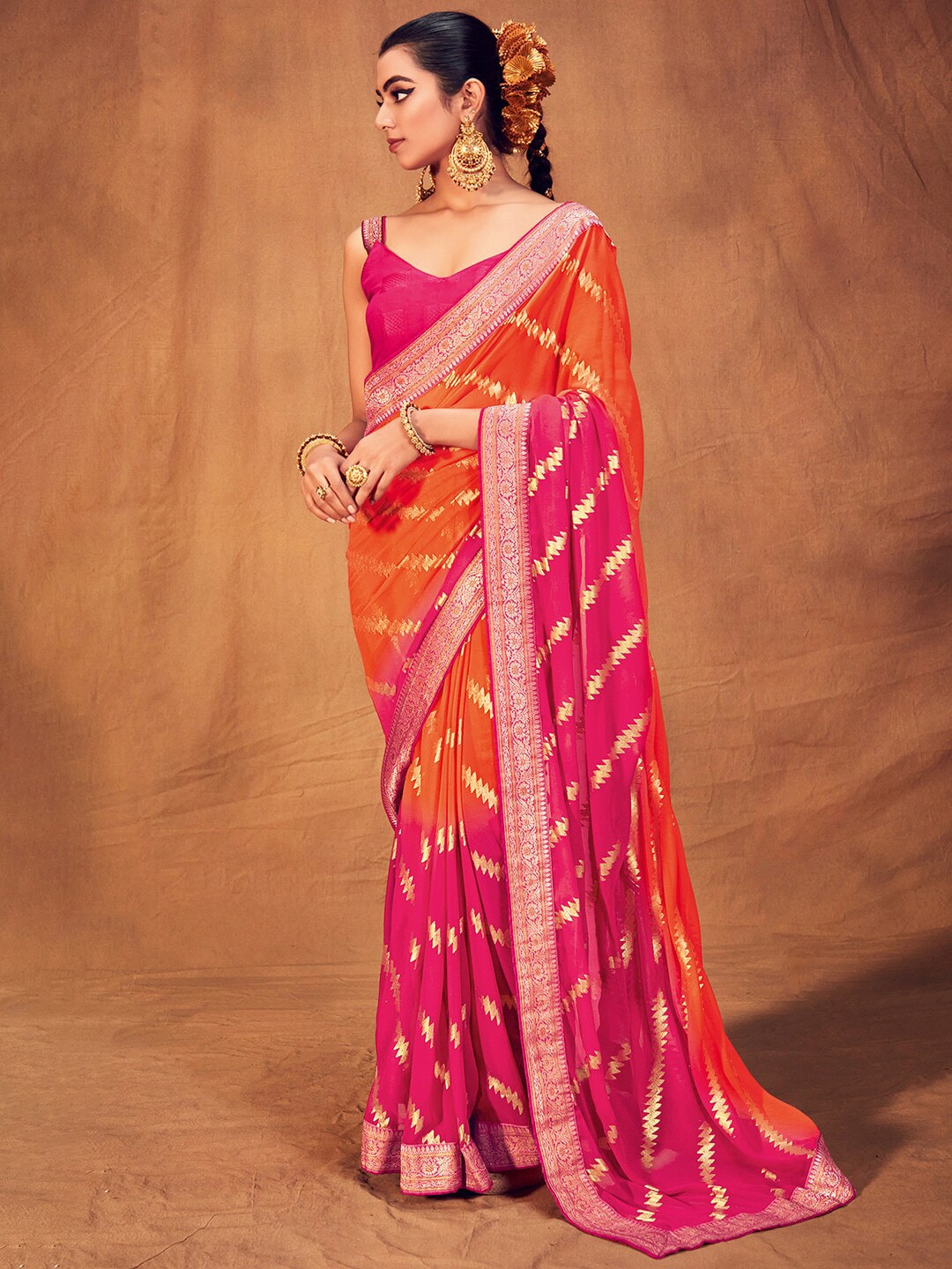 Saree Mall Striped Woven Design Zari Pure Georgette Sarees - Distacart