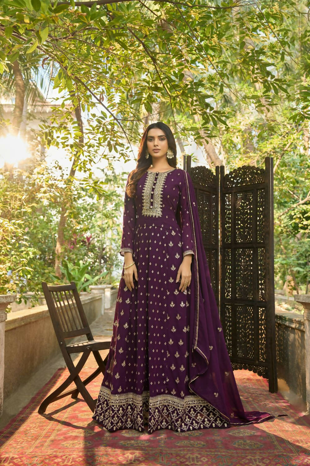 Purple Heavy Faux Georgette Anarkali Embroidered Kurta Set - Dhvani - Distacart
